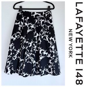 VGUC Lafayette 148 Cotton Floral Print A-Line Pleat Skirt in Black & White Sz 6